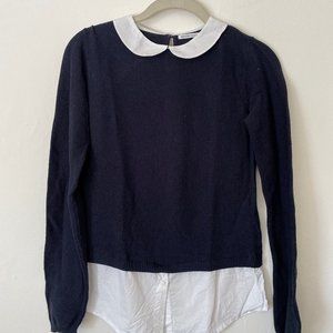 Monoprix Teens navy sweater w/ mock Peter Pan insert, size 14